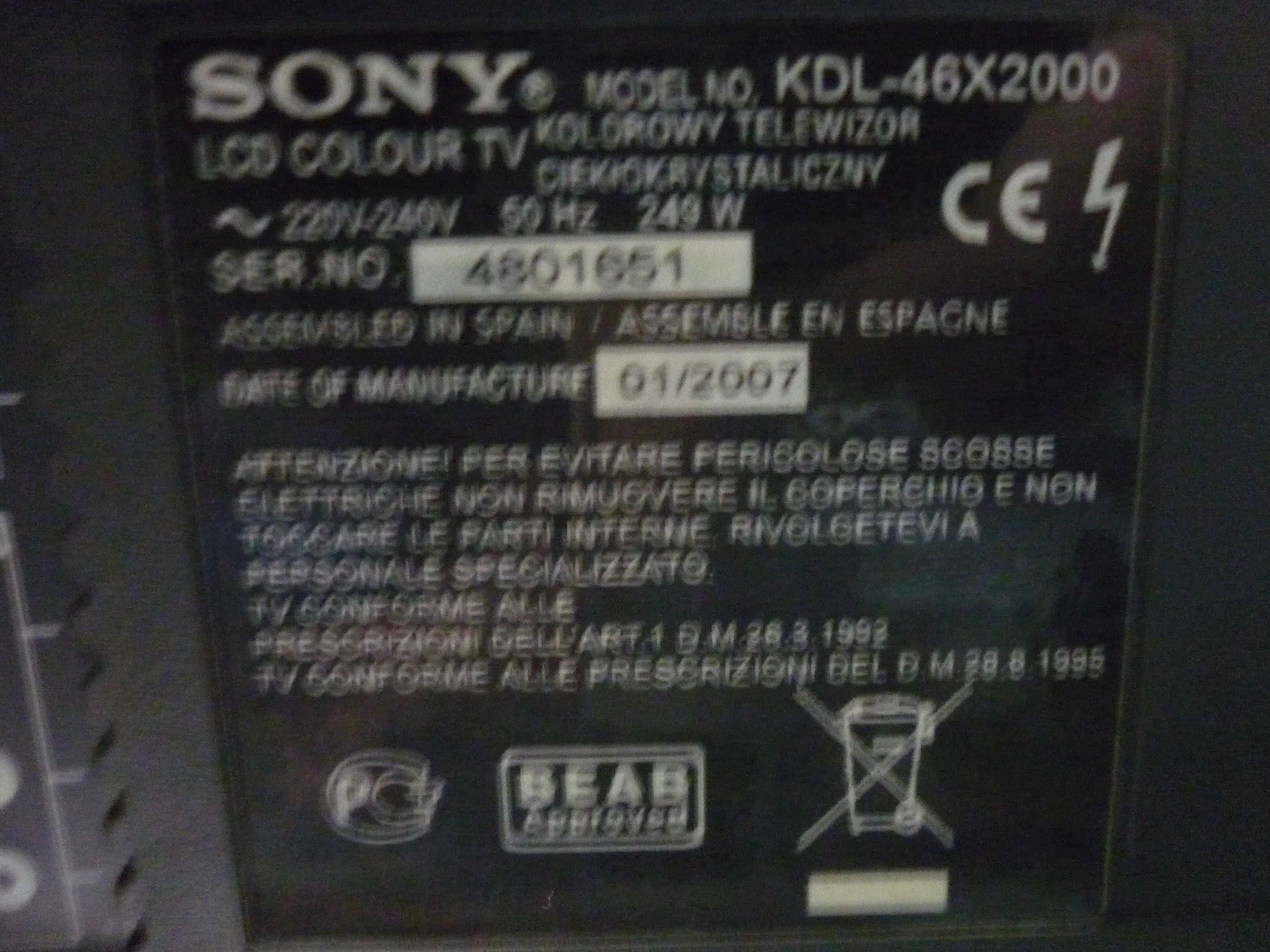 Telewizor   SONY BRAVIA  KDL-46X2000 stan bardzo dobry