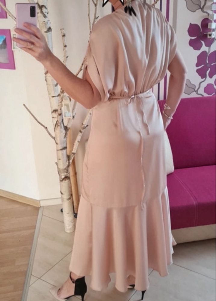 Beżowa Satynowa sukienka midi asos luxe kopertowa 46 3 xl