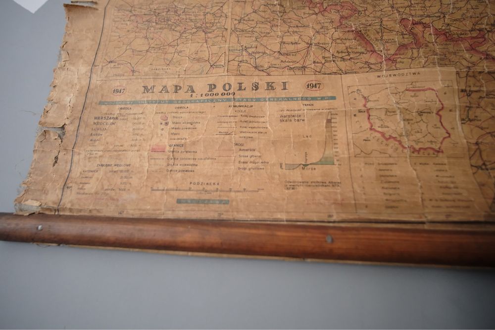 Stara Mapa polski na płótnie 1947 r. 90x70
