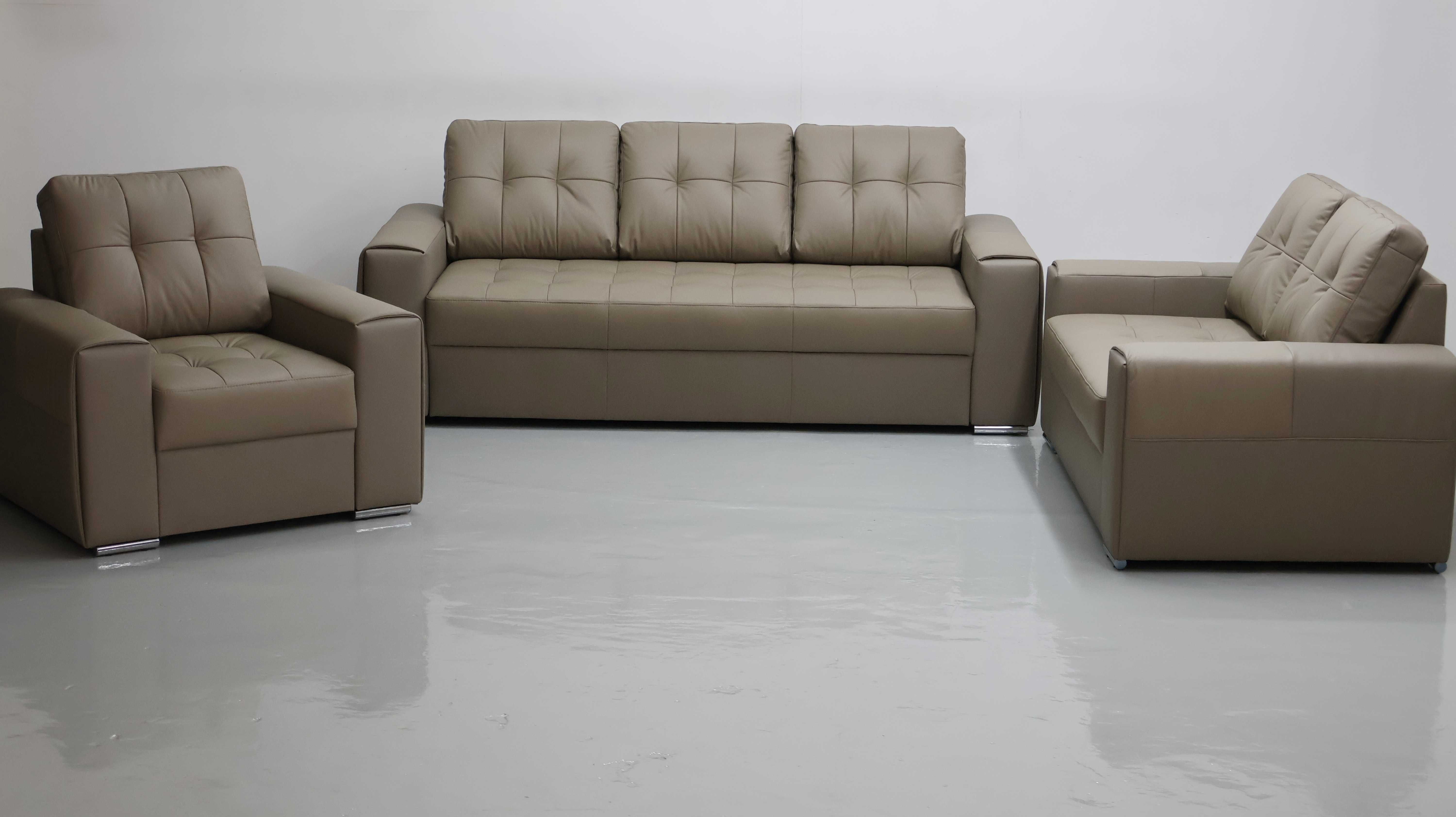 KOMPLET 3+2+1 sofy kanapy zestaw piaskowy SKÓRA naturalna 4119 wypoczy