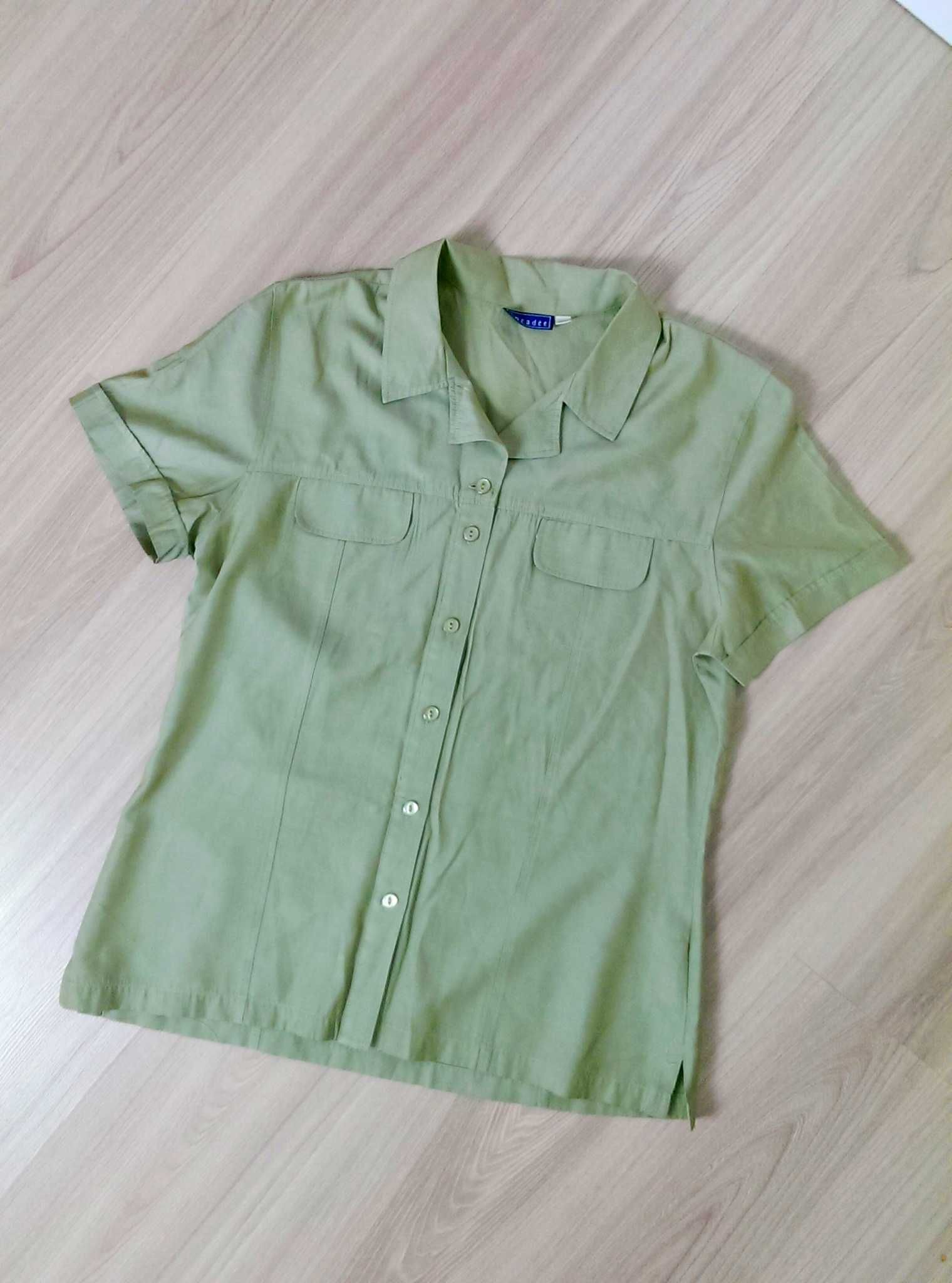 Damska koszula khaki zielona pastelowa krótki rękaw dekolt Encadee 40