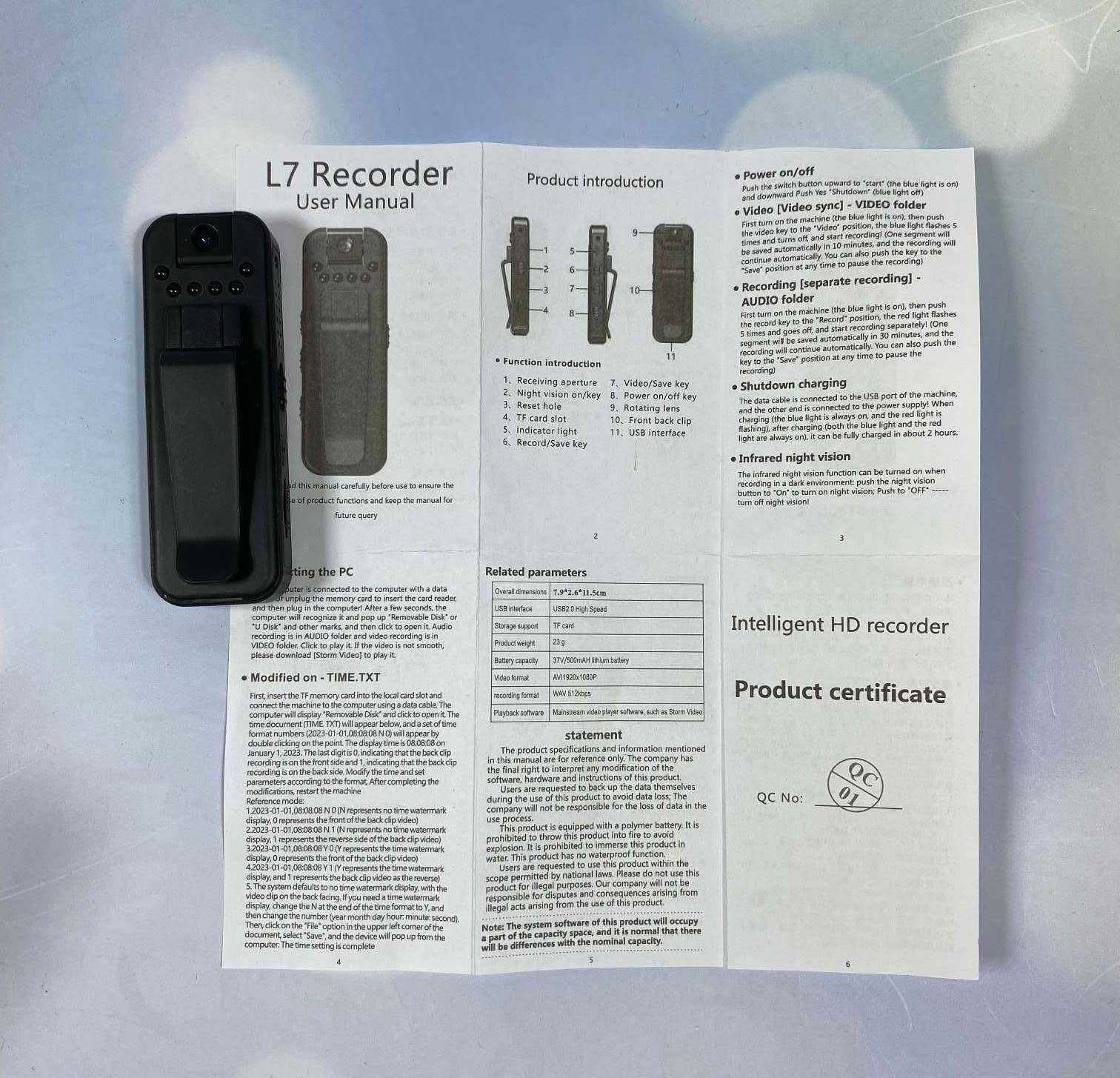 Нагрудный регистратор А7 диктофон, ночная подсветка 1080P камера