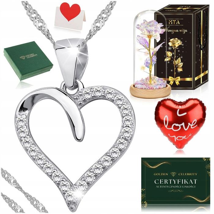 Srebrny Naszyjnik Serce 925 + Róża Wieczna Led W Szkle Prezent Dla Kob