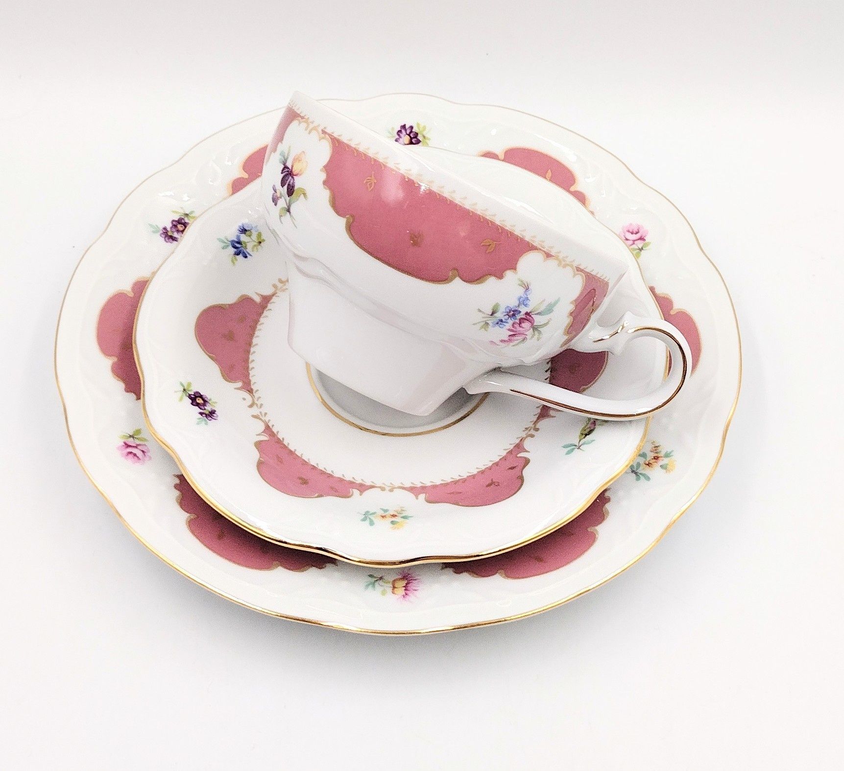 Trio filiżanka Kahla pastelowa porcelana kwiaty różowa retro róże zloc