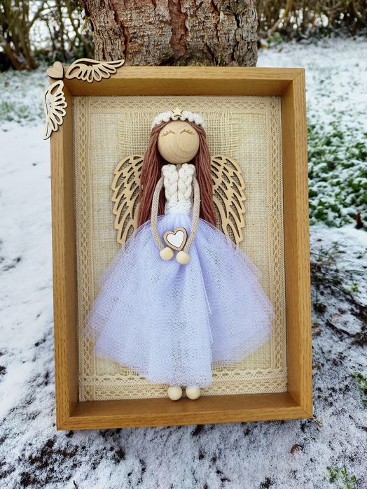 Anioł w ramce Chrzest Komunia Roczek Święta Makrama