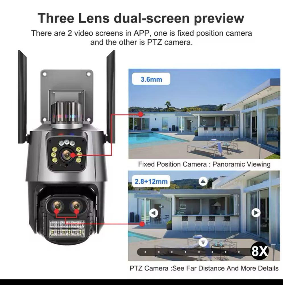 Акція!Вулична охоронна поворотна WIFI камера Dual Lens Zoom 8MP, зум