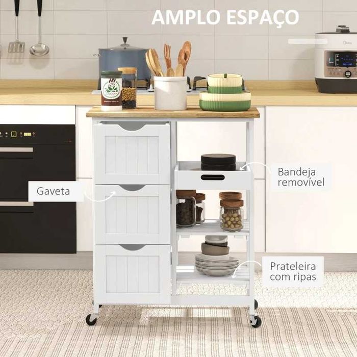 Carrinho de Cozinha com Rodas - 67x37x85,5 cm - Branco