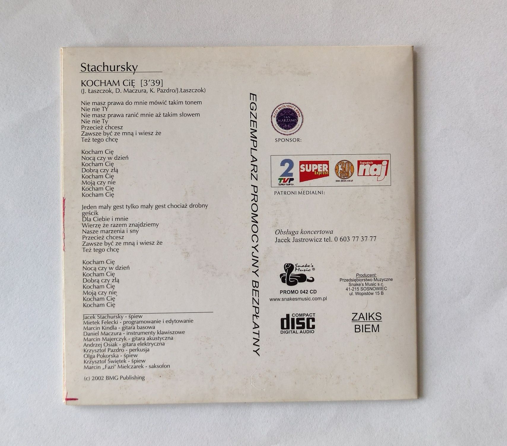 Stachursky – Kocham Cię płyta CD singiel z 2002 roku
