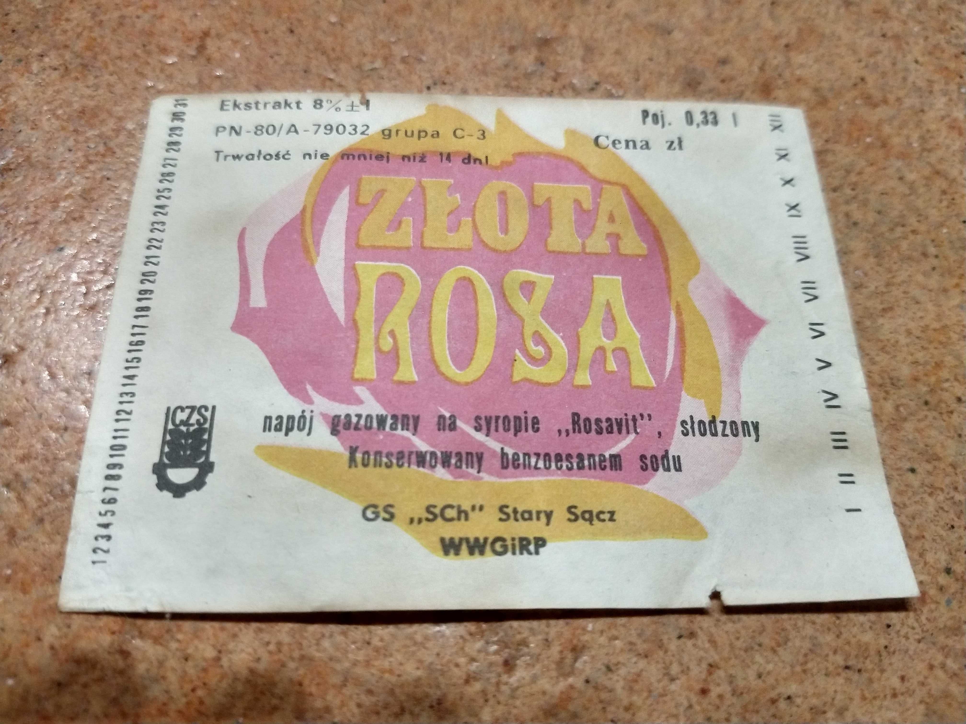 Etykieta oranżady Złota Rosa PRL,produkt GS Samopomoc Chłopska