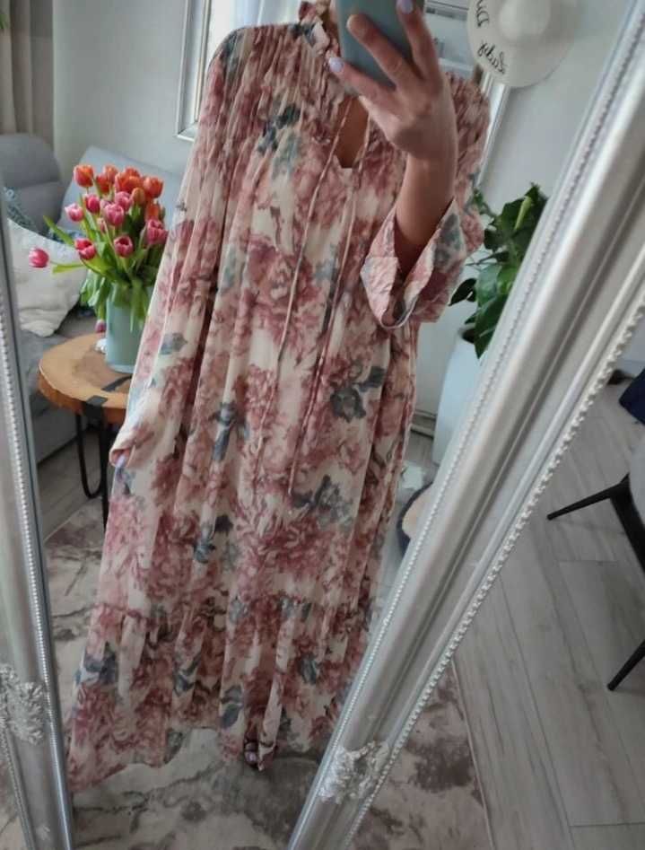 H&M dluga maxi szyfonowa sukienka w kwiaty oversizena wiosne boho L/XL