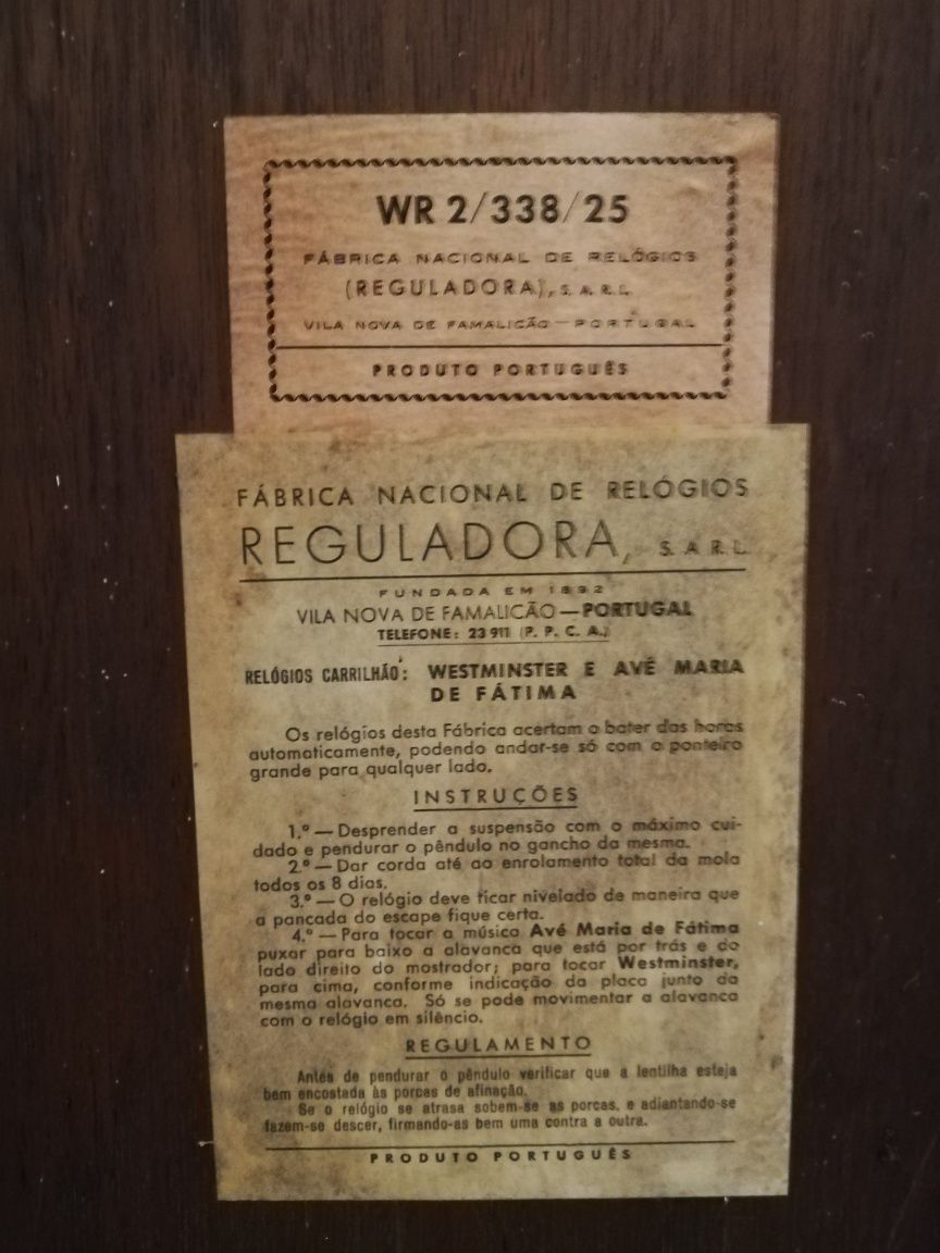 Relógio de parede Reguladora com fatura original, 1976