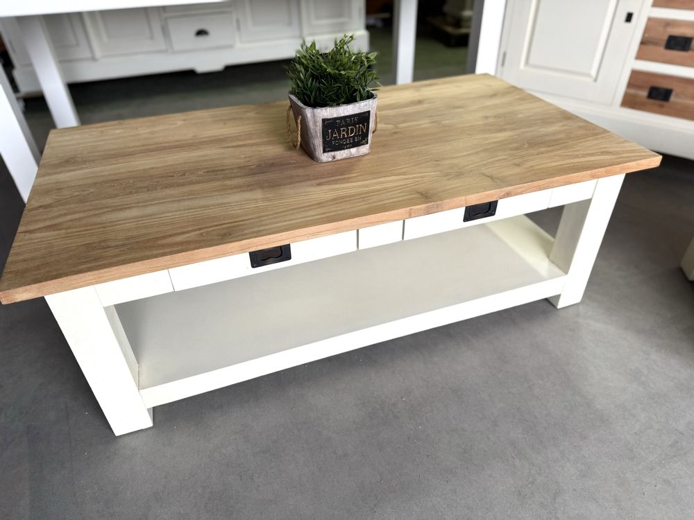 DESIGNERSKI masywny Stolik kawowy duży drewniany tekowy biały mleczny
