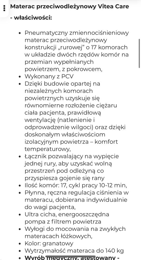 Wytrzymały materac rurowy na odleżyny VCM 502 Vitea Care MDH