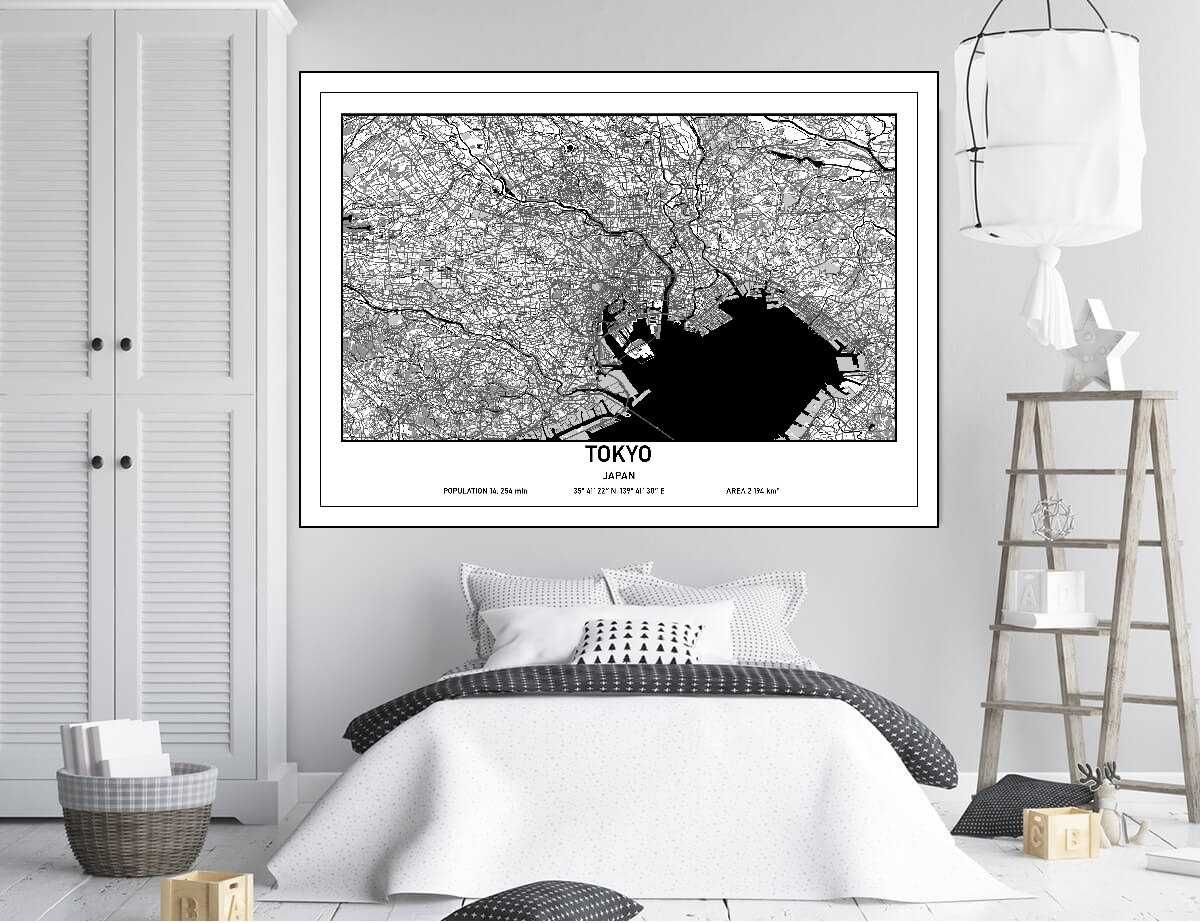 Plakat Mapa na ścianę - czarno-biała - MIASTA ŚWIATA - własne projekty
