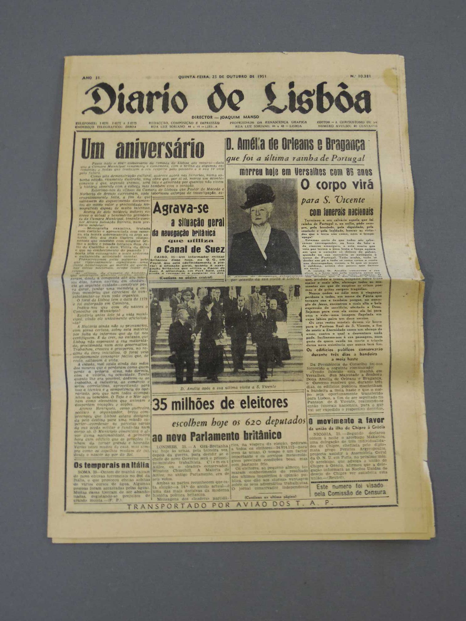 Jornal Diário de Lisboa 1951, Falecimento Rainha D. Amelia
