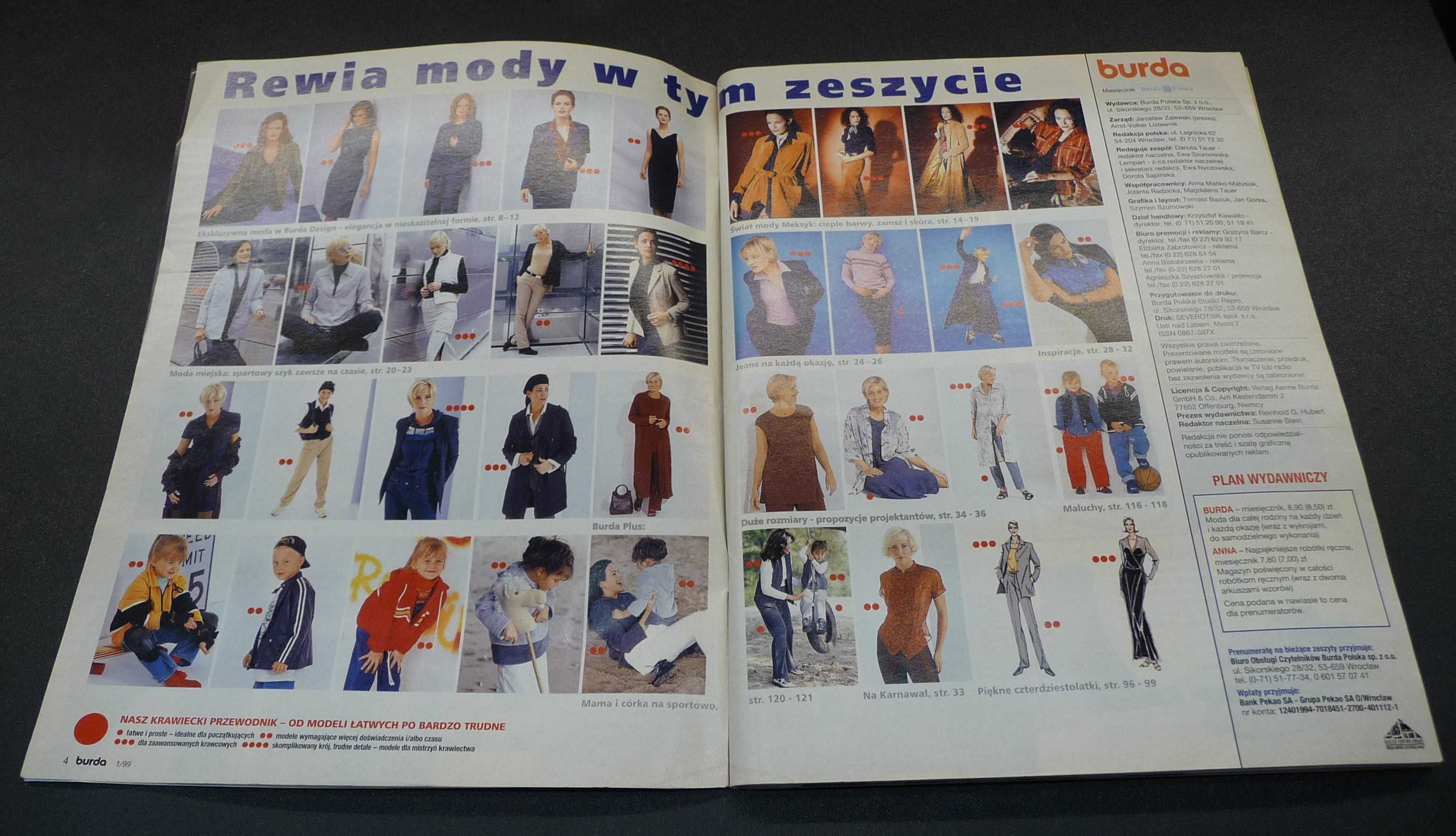 Burda 1/1999. Moda, wykroje krawieckie, krawiectwo, szycie.