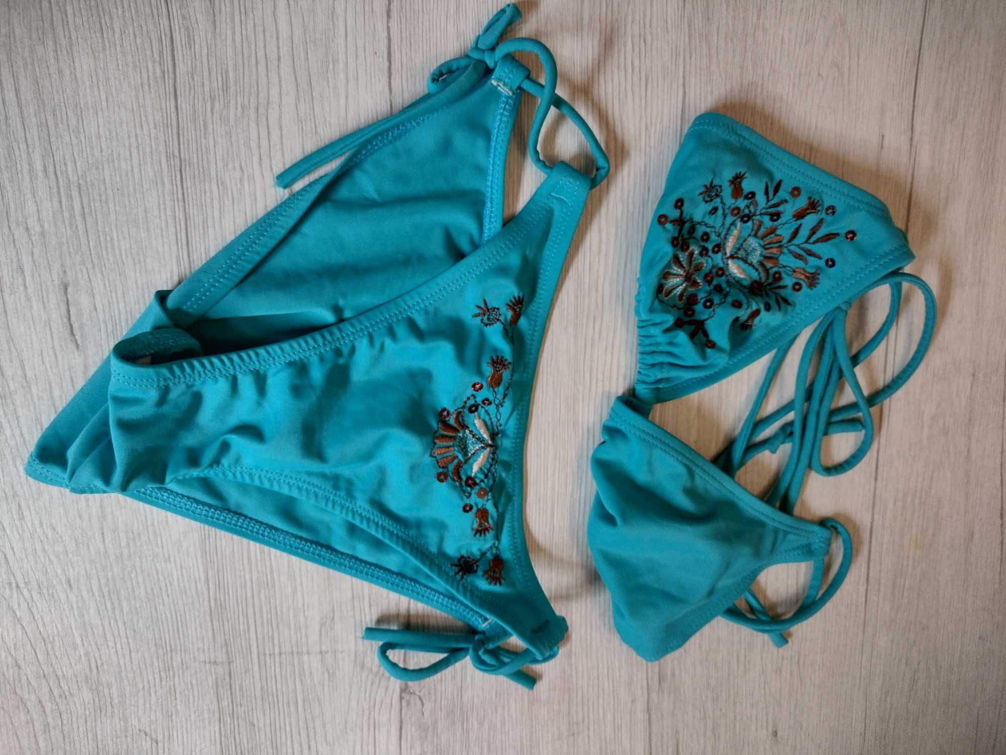 sexi turkusowy strój kąpielowy bikini wiązany S cup A-B turkus cekiny