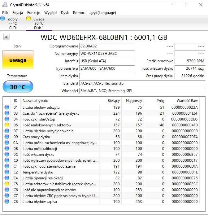 Dysk twardy Western Digital Red WD60EFRX 6TB SATA III 3,5" – BŁĘDY