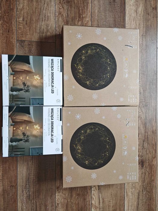 Zestaw świątecznych dekoracji LED ciepłe białe światło wianek gwiazdki