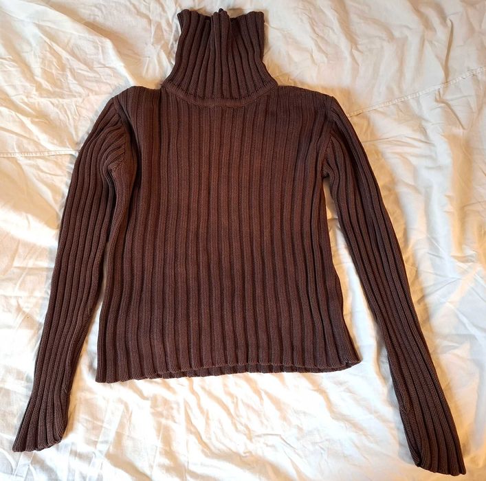 Sweter-golf ciemno-brązowy, bawełna, wiązany splot