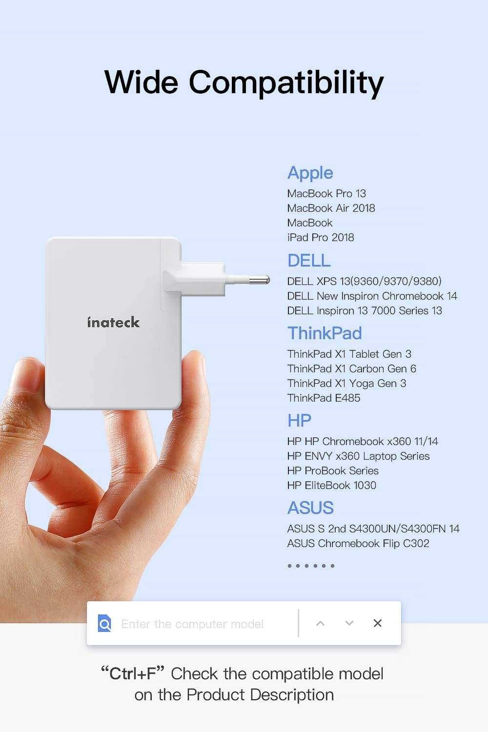 Inateck UCC1001 Ładowarka USB-C 45W kabel 2m EU/UK Samsung iPhone iPad