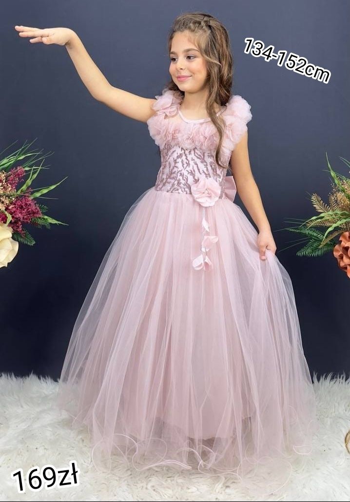 Sukienka Princessa róż tiul cekiny kwiaty długa dla dziewczynki 9 lat