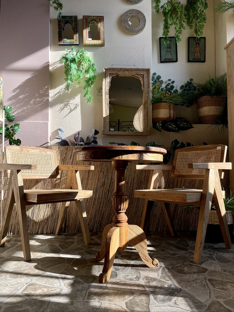 Okragły stolik wysoki stare drewno teak kolonialny ogród salon ludwik