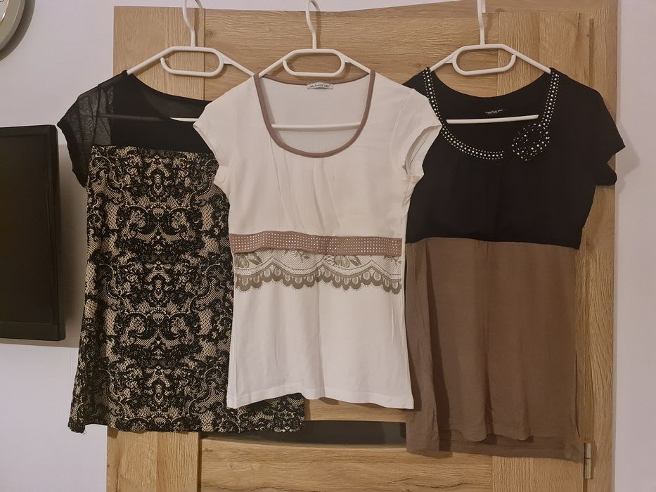 Paka 3 eleganckie bluzki krótki rękaw S 36 czarna nowa