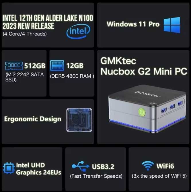 Гарантія! GMKtec G2 DDR5 12 ГБ! RAM 512 ГБ Windows 11 Pro Intel N100.