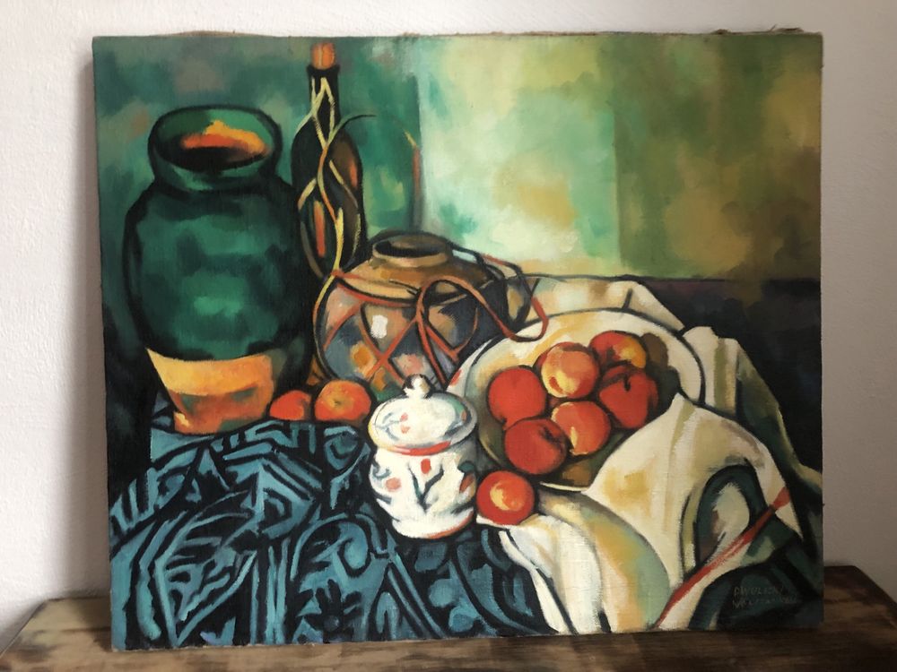 Duży, stary obraz olejny na płótnie styl Paul Cézanne impresjonizm