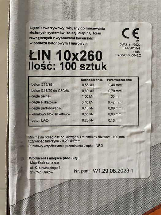 NOWE Kołki do styropianu 10x260 , 100 sztuk