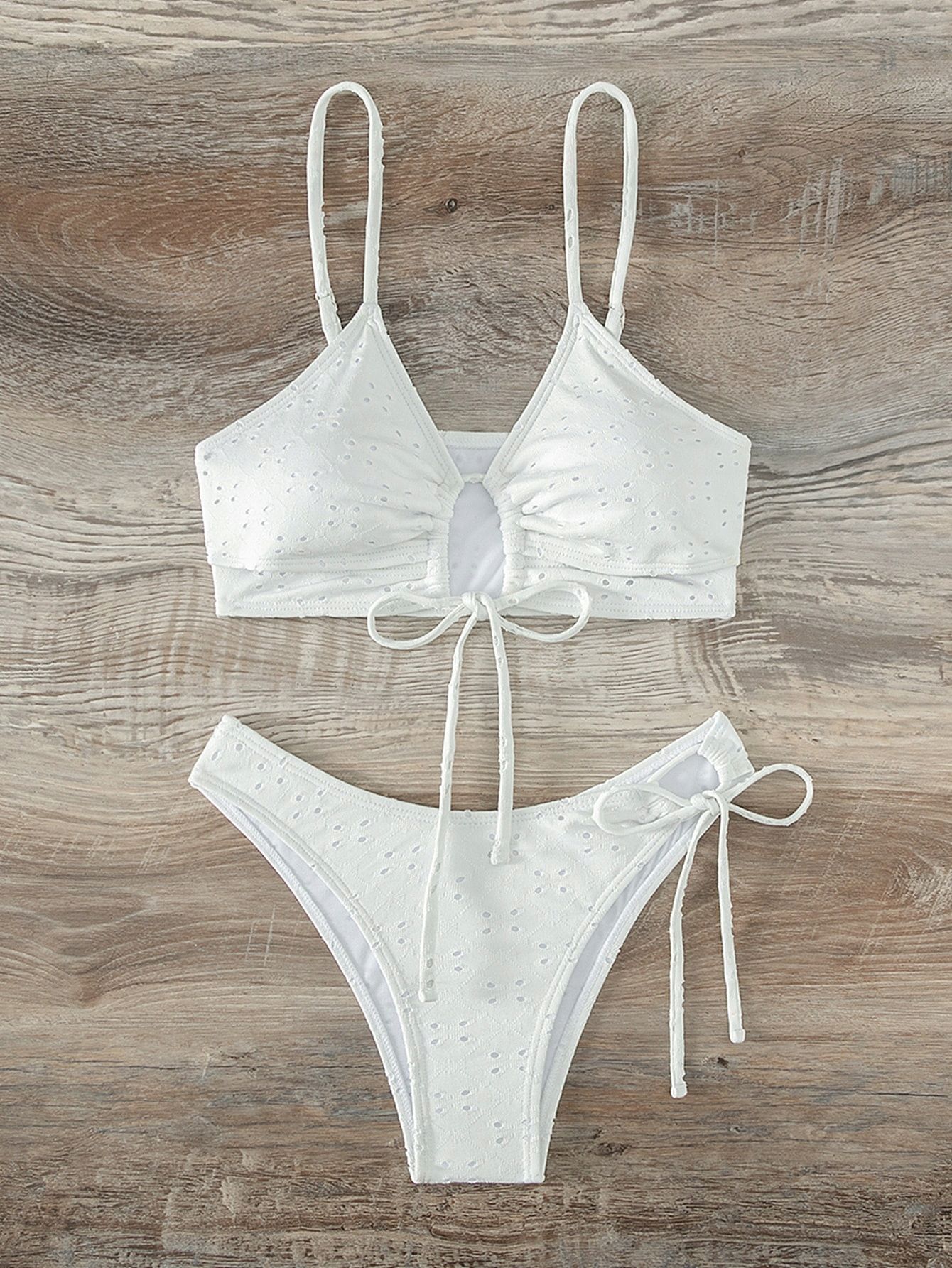 Strój Kąpielowy Bikini Ażurowy Wiązany Z Przodu Biały Tanga Shein S 36
