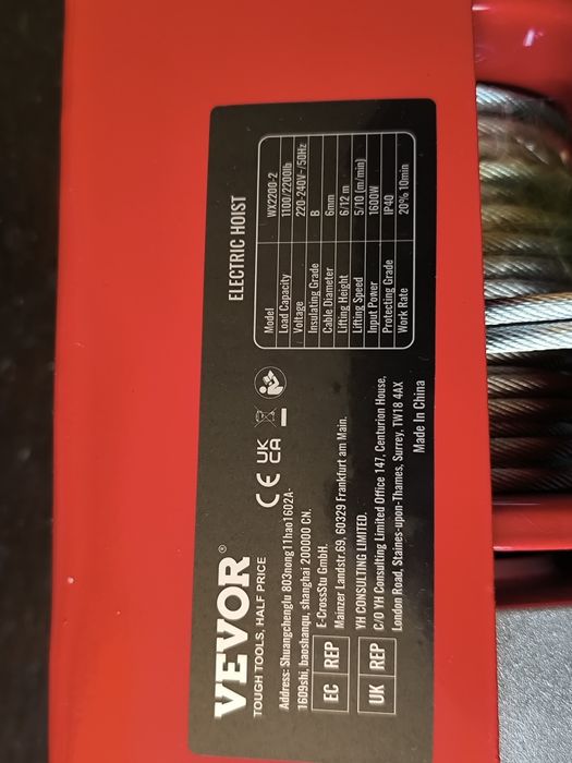 Guincho elétrico VEVOR 2200 lb, cabo de aço, 1600 W, 220 V, controle r