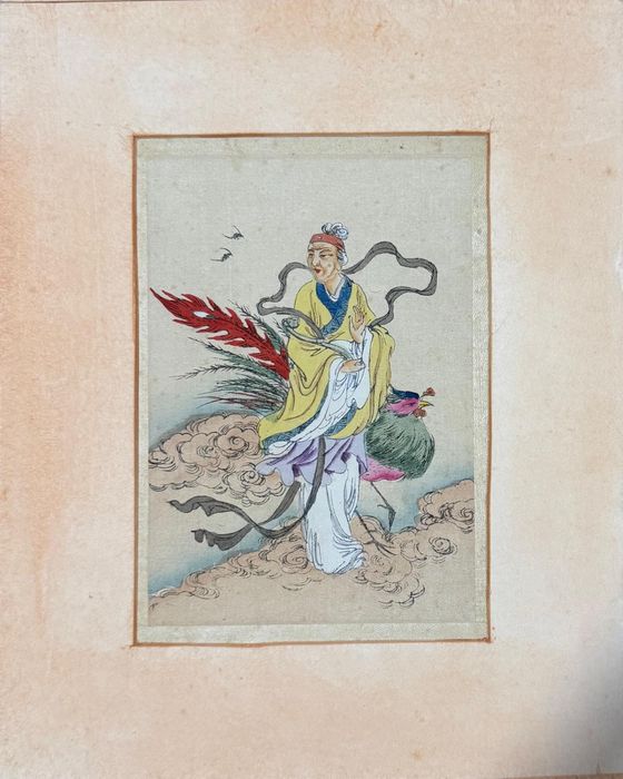 Figuras mitológicas chinesas pintadas em aguarela sobre  seda.