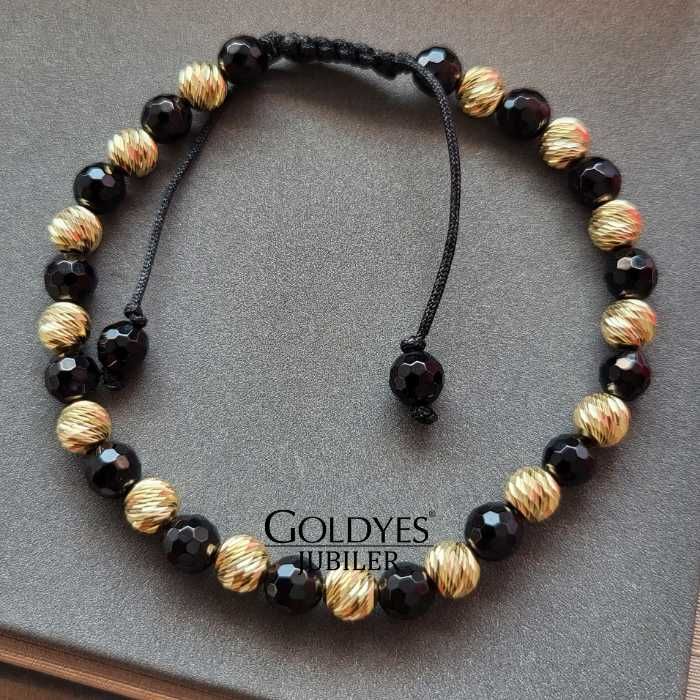 złota bransoletka na czarnym sznurku próba złota 585 ZŁOTE KULKI