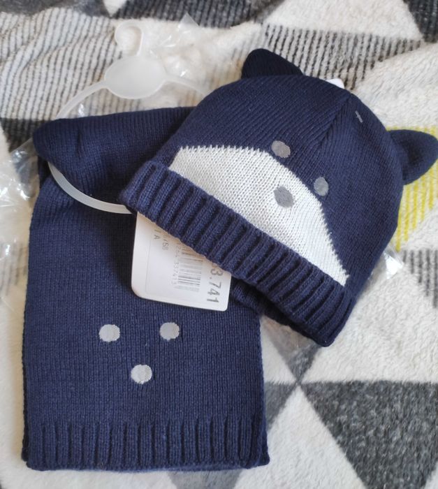 nowy zimowy komplet czapka szalik z misiem 0-6 mc niemowlak