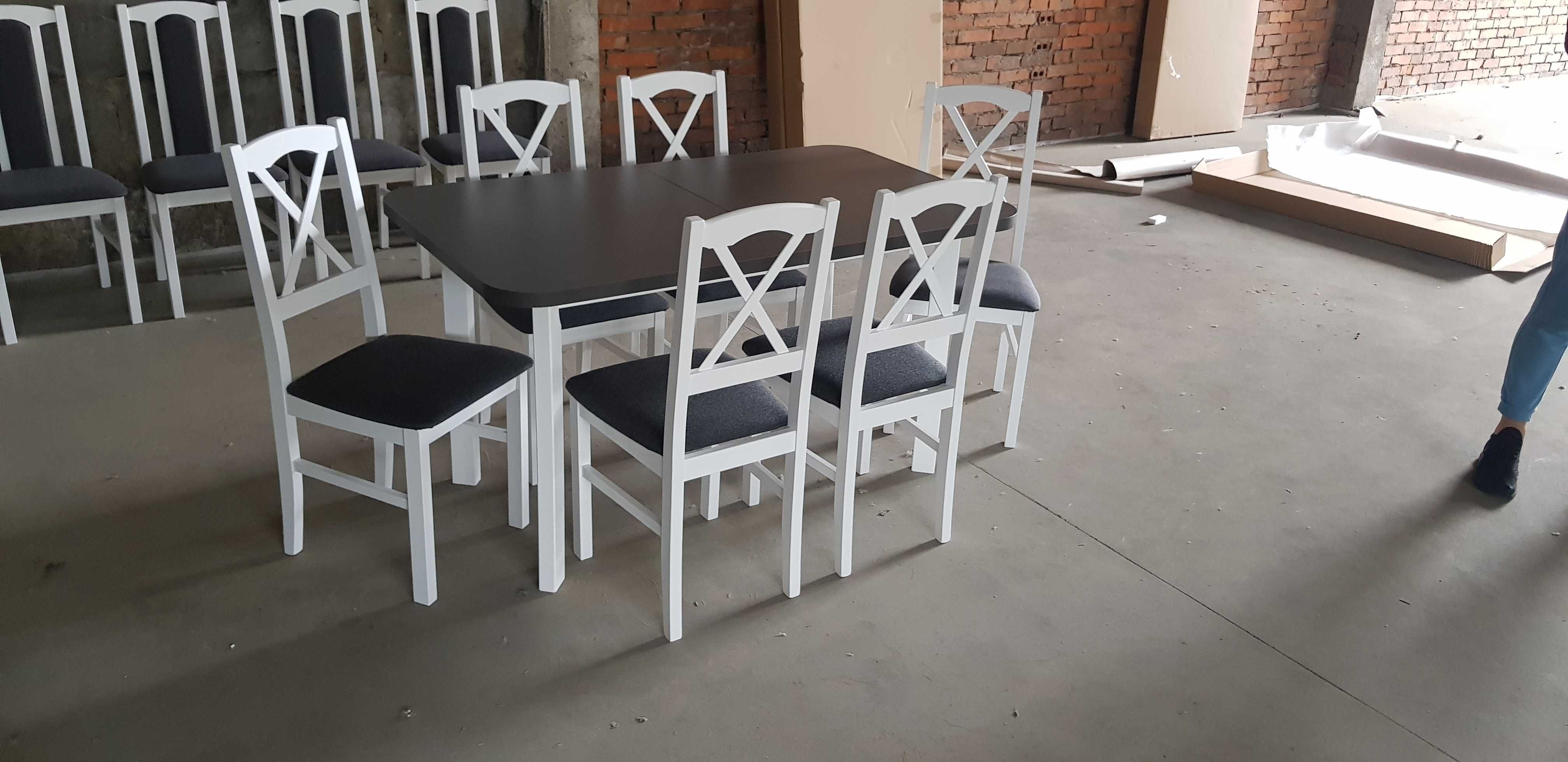 STÓŁ 80x140-180 + 6 KRZESEŁ, biały/blat grafit+grafit KRZYŻ dostawa PL