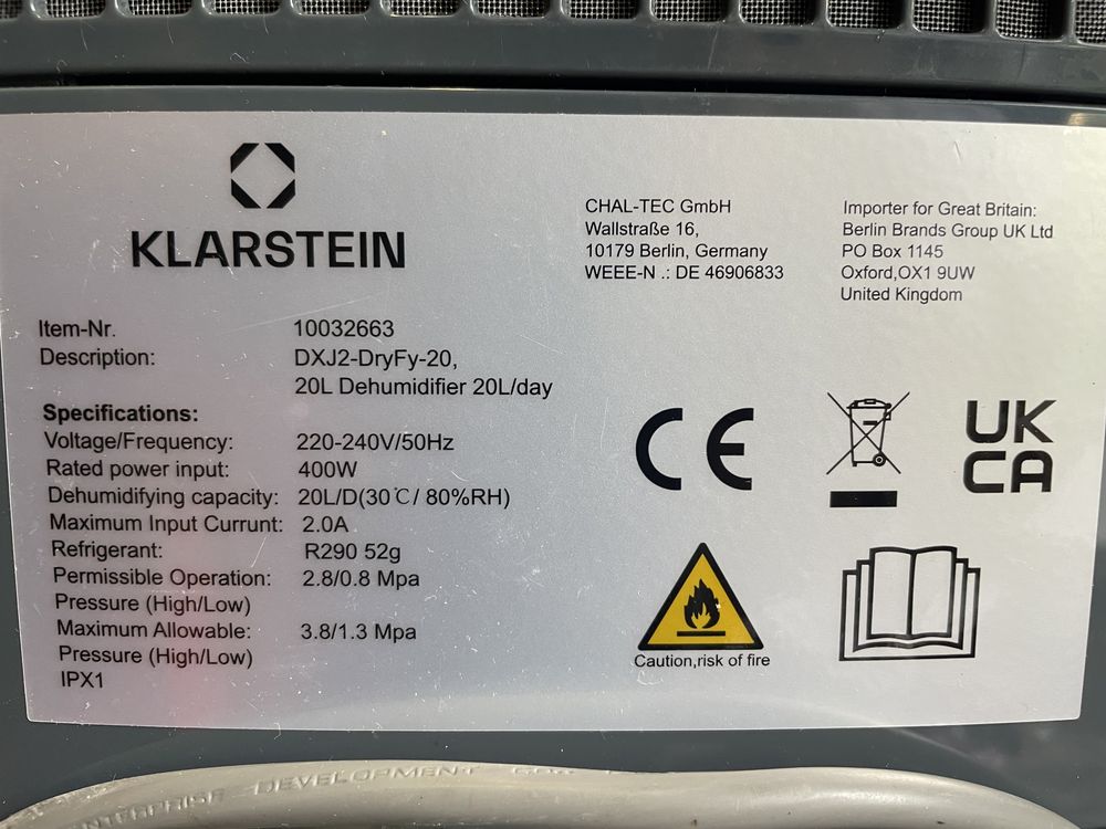 Осушитель воздуха Klarstein DryFy 20 (Германия)