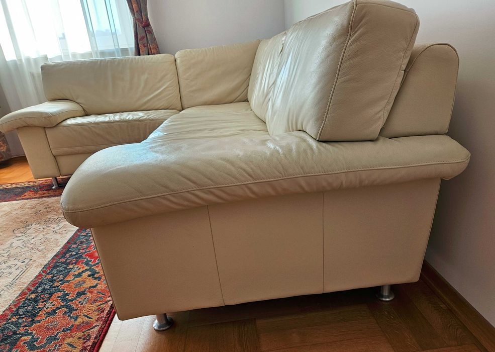 Narożnik z funkcją spania, 195/258cm, skóra naturalna, kolor ecru.