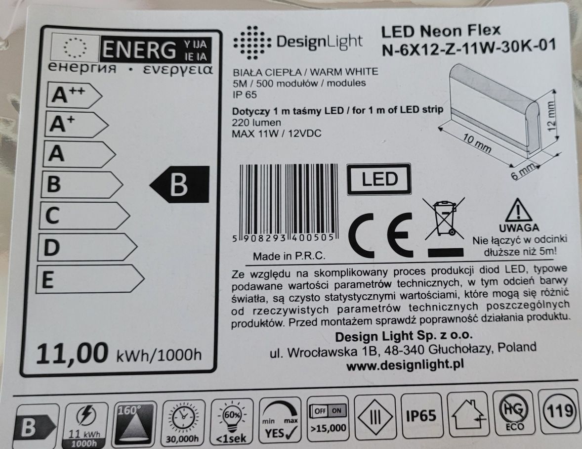 taśma LED neon Flex 5 m Biała ciepła 11W/mb Design light