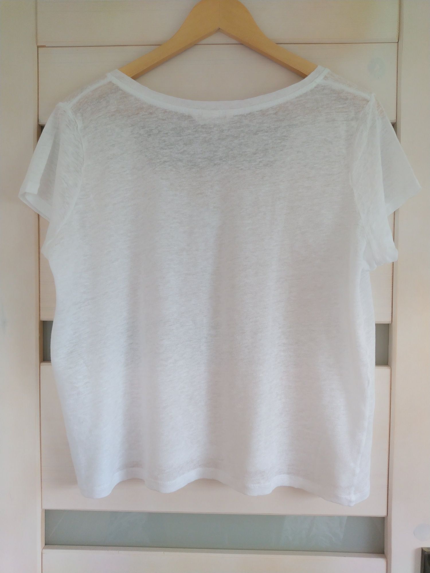 Lniana bluzka koszulka z krótkim rękawem V-neck H&M S/M 36/38 biała