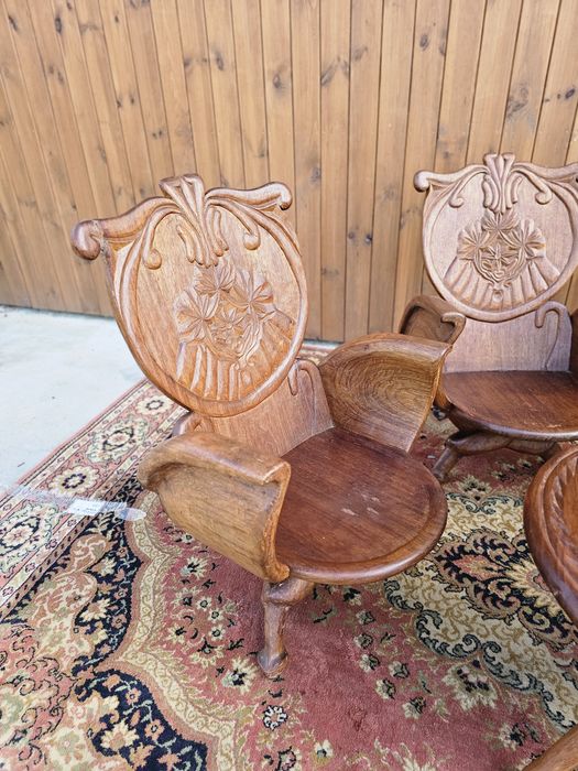 Rzeźbione  fotele 4 szt + stolik orzech orient wypoczynek #1592 Węgrów