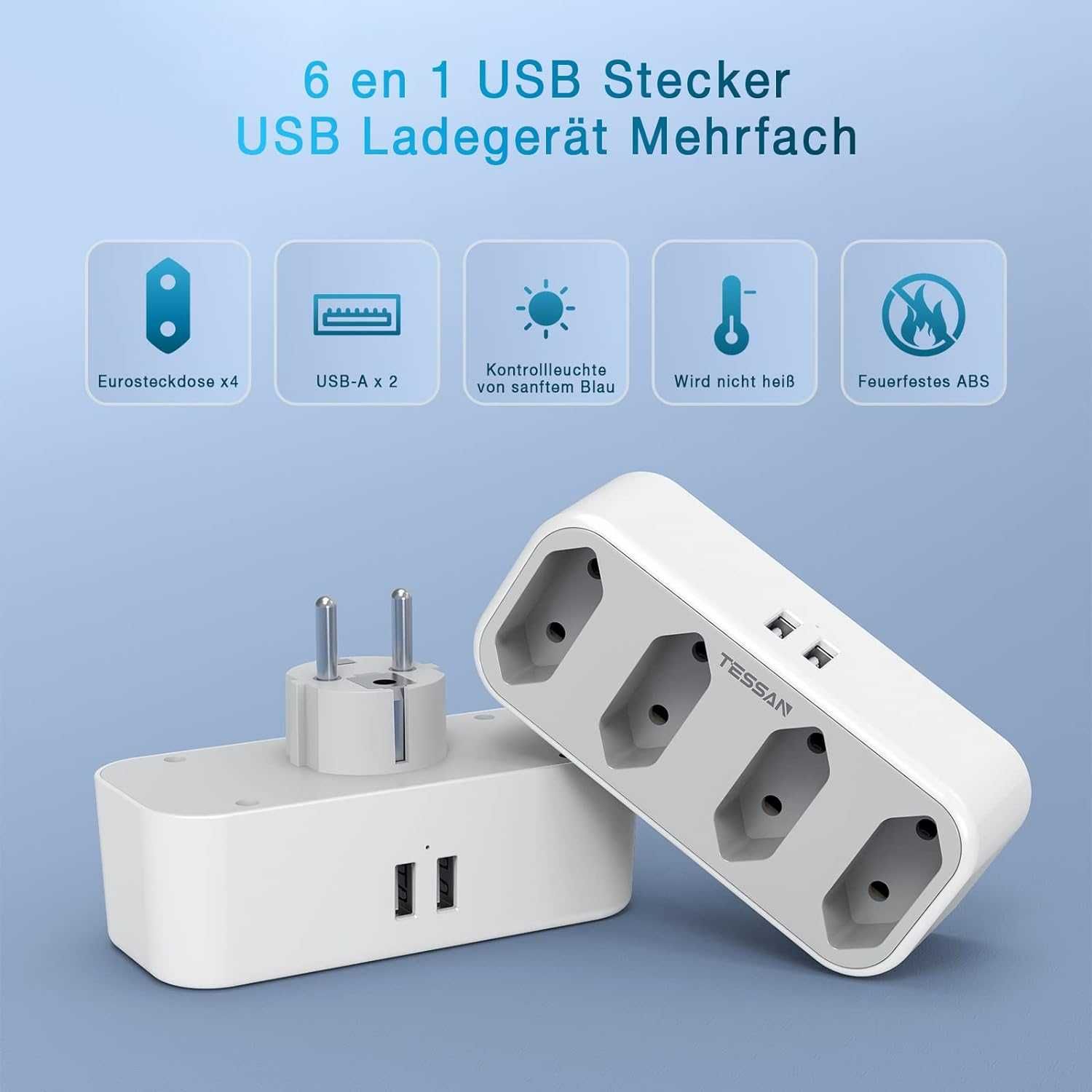 Ładowarka rozgałęźnik USB, zasilacz, 2 porty z 4 gniazdami euro, USB,