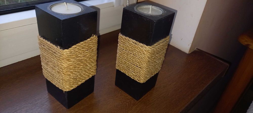 2 oryginalne świeczniki drewno sznurek