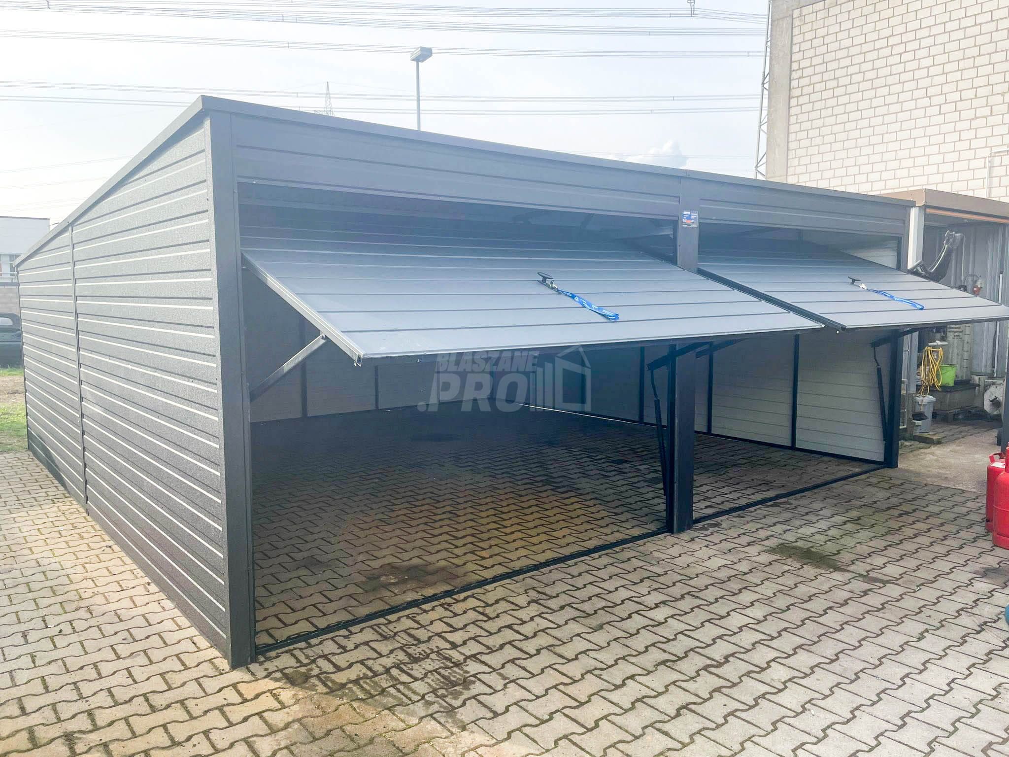 Garaż blaszany 6x6 2x Brama uchylna Antracyt Dach spad w tył  GP279