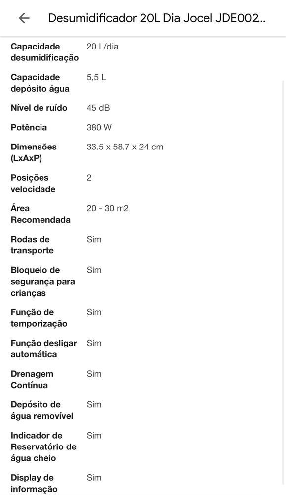 Desumidificador jocel 20 L Novo