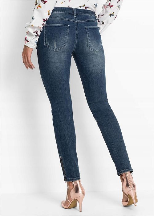 bonprix jeansowe spodnie damskie rurki skinny z przetarciami zamki 38