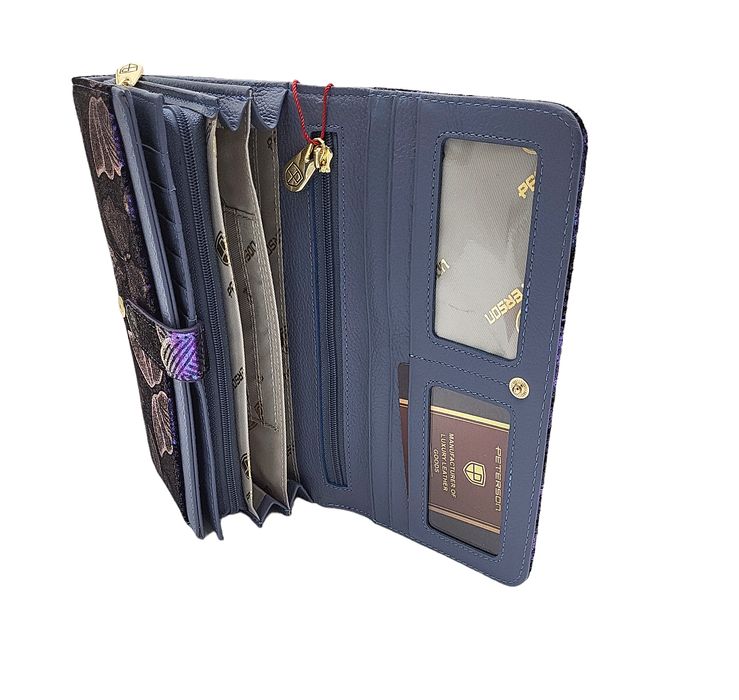 Duży portfel damski skórzany niebieskie motyle