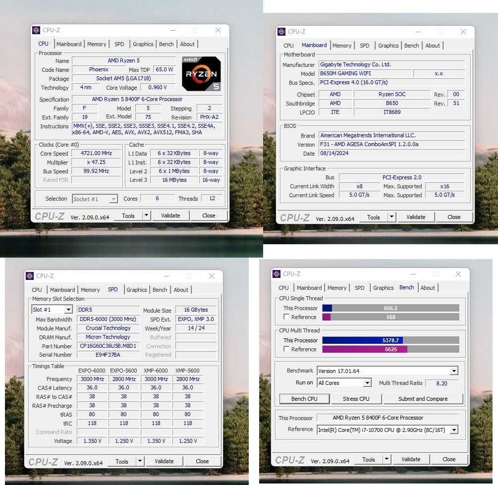 Ігровий комплект Ryzen 5 8400F/ Gigabyte B650M WIFI/ Crucial DDR5 32gb