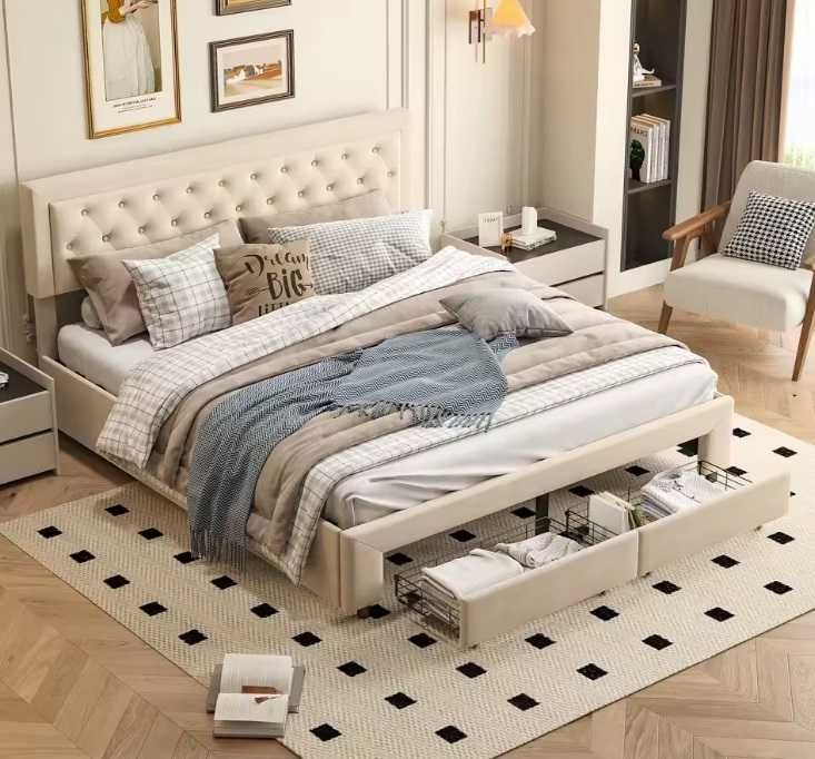 Cama nova de casal moderna c/ gavetas, hidráulica estofada 160 × 200 c